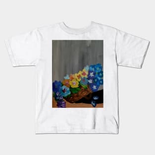 A bouquet of pansies flowers in a wicker basket Kids T-Shirt